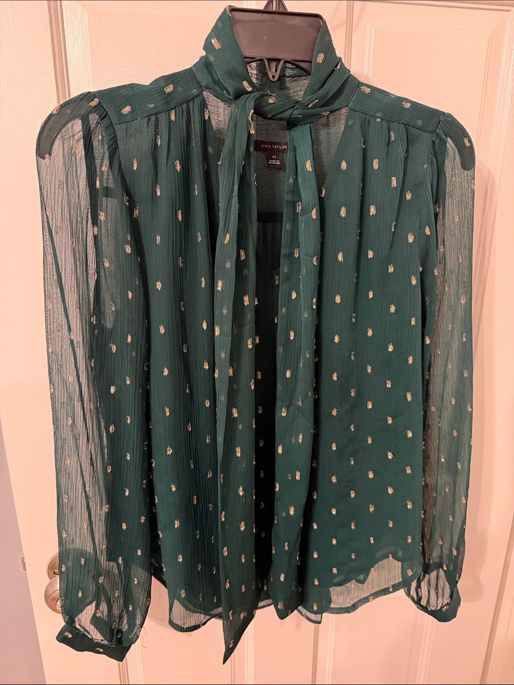 Ann Taylor Emerald Green Tie-Neck Blouse with Gold Dots